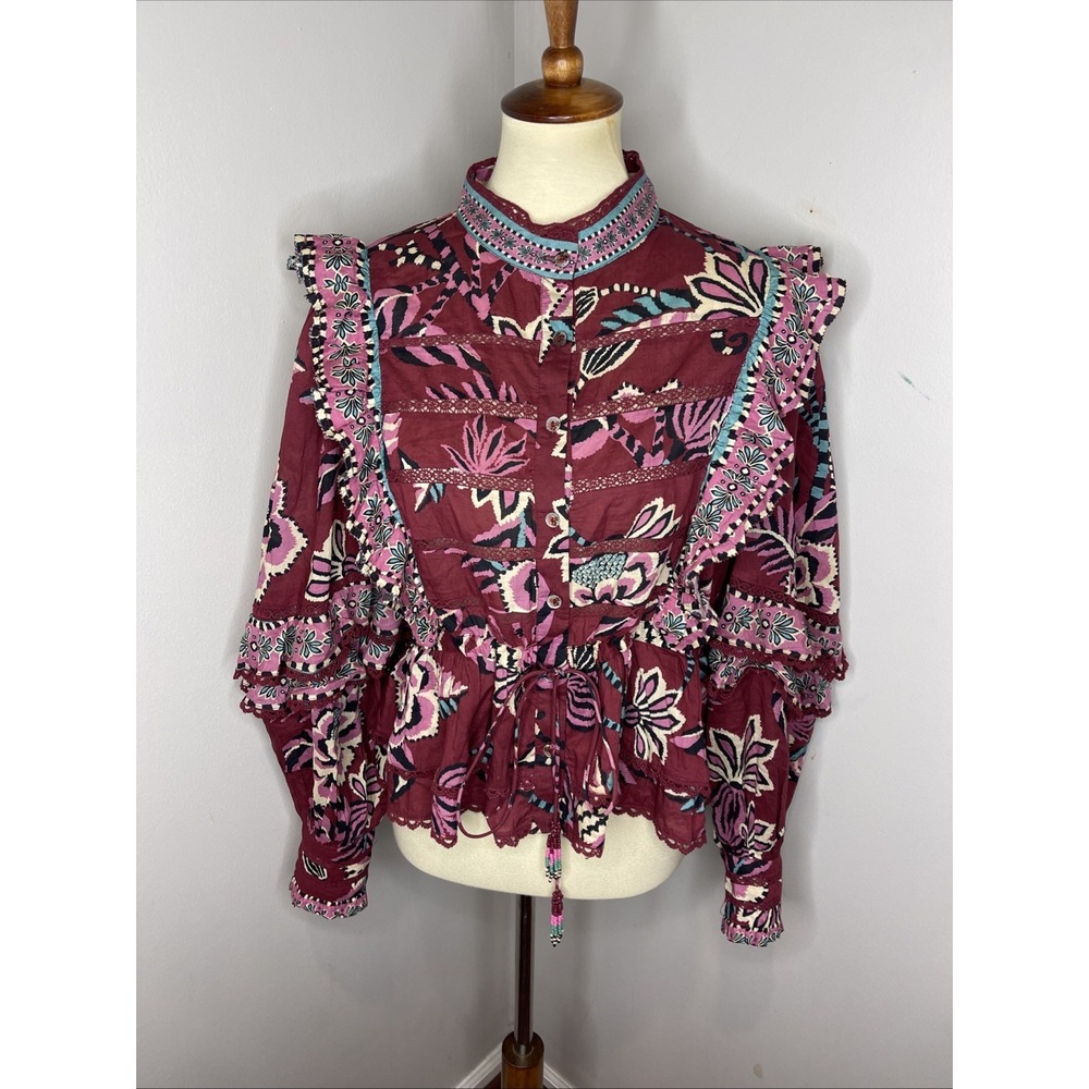 Farm Rio Womens Pineapple Inspiration Burgundy Ruffled Blouse Large - Picture 2 of 11